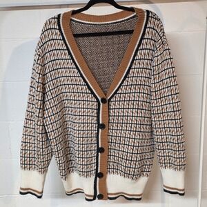 SHEIN CURVE 2XL Geometric Print Button Front Cardigan Women Brown Plaid Oversize